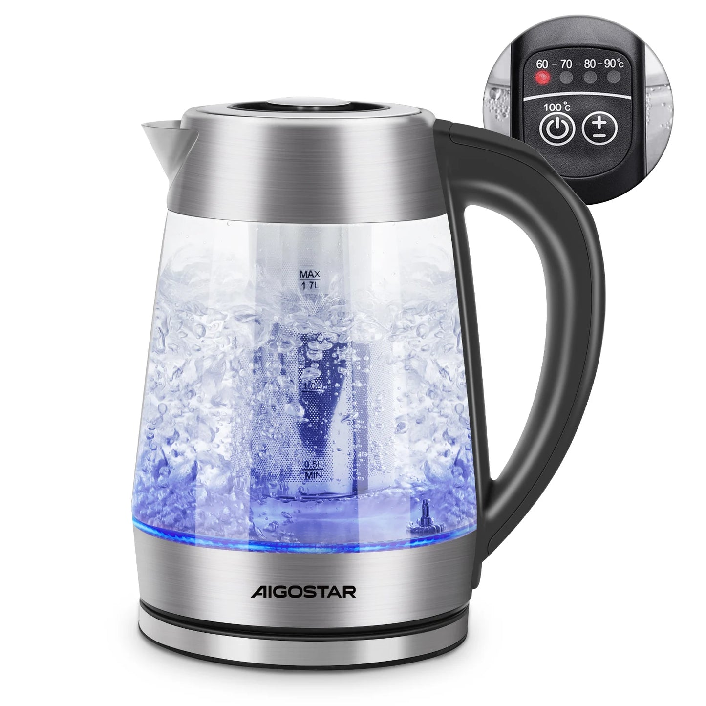 Bouilloire Électrique Aigostar 1.7L Verre Borosilicate avec Infuseur et 5 Températures