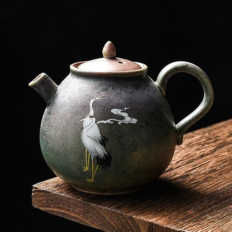 Théière Japonaise Rétro en Céramique Faite Main - Design Grue Dégradée