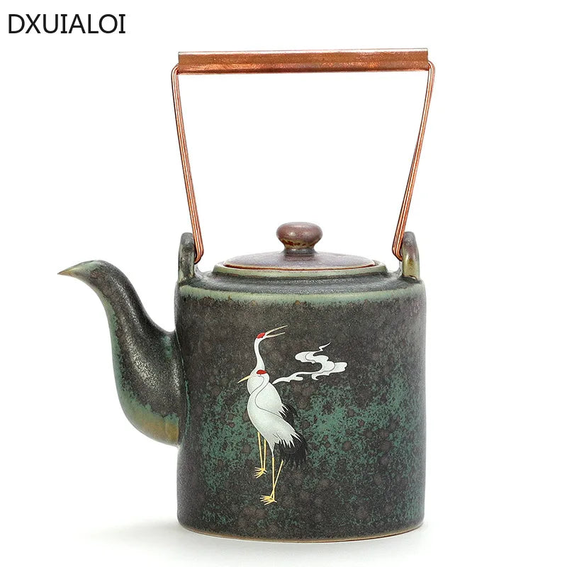 Théière Rétro en Céramique Chengxiang - Design Grue & Poignée Cuivre pour Thé Kung Fu