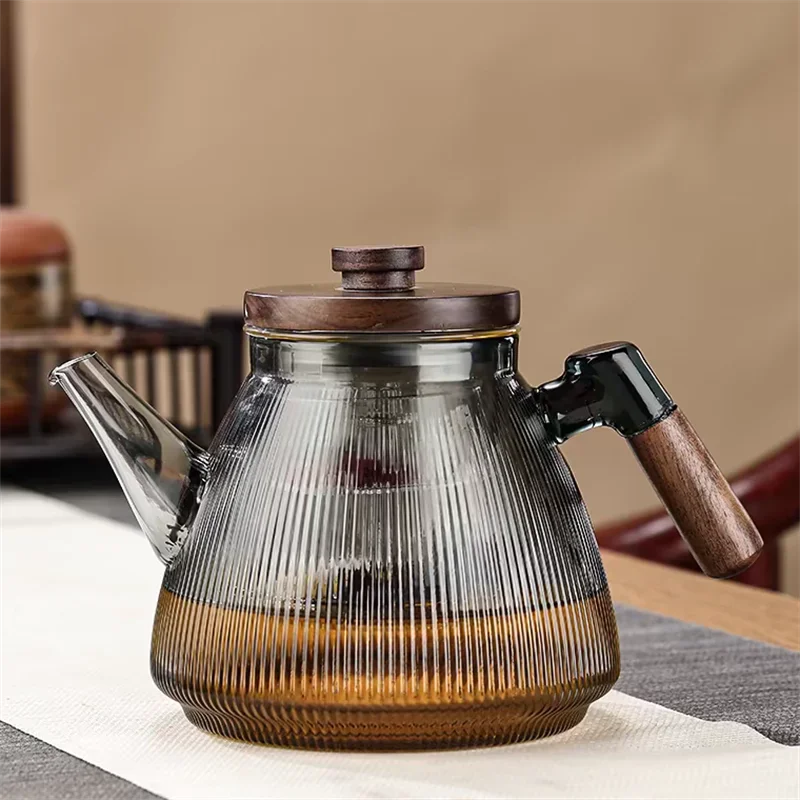 Théière en Verre Borosilicate Rayée avec Poignée en Noyer - Usage Double : Infusion & Cuisson