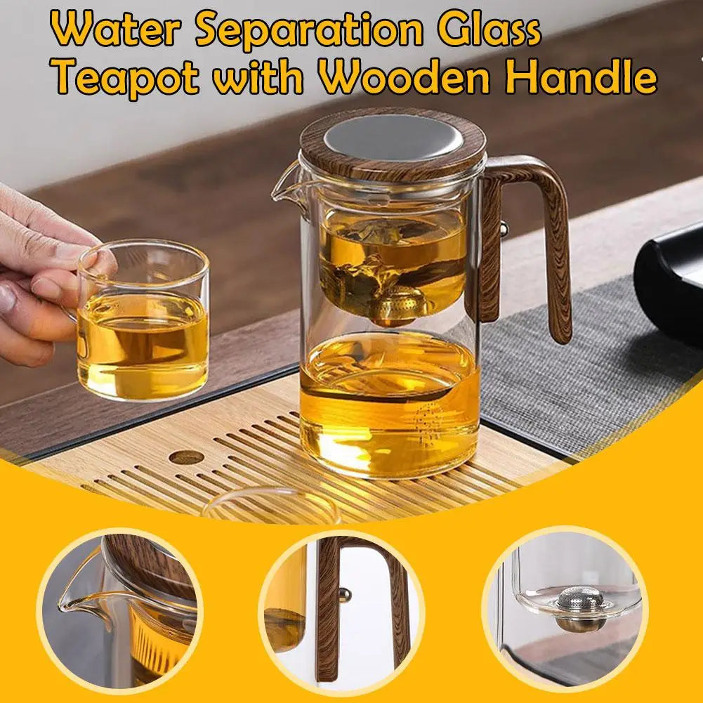 Théière en Verre avec Séparateur Magnétique et Manche en Bois - Infusion Facile