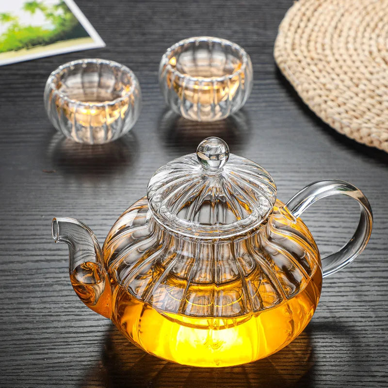 Théière en Verre Rayée 600ml avec Filtre - Idéale pour Thé en Vrac et Infusions