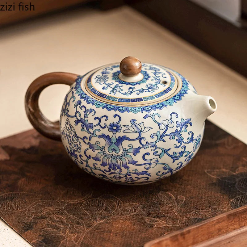 Théière en céramique Ru Kiln - Design rétro bleu et blanc fait main