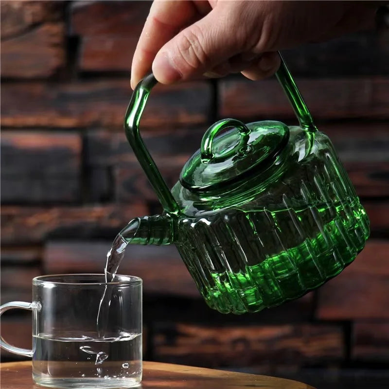 Théière en Verre Bambou Vert 300ml avec Filtre - Infuseur à Tisane et Service Kung Fu