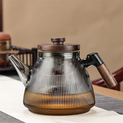 Théière en Verre Borosilicate Rayée avec Poignée en Noyer - Usage Double : Infusion & Cuisson
