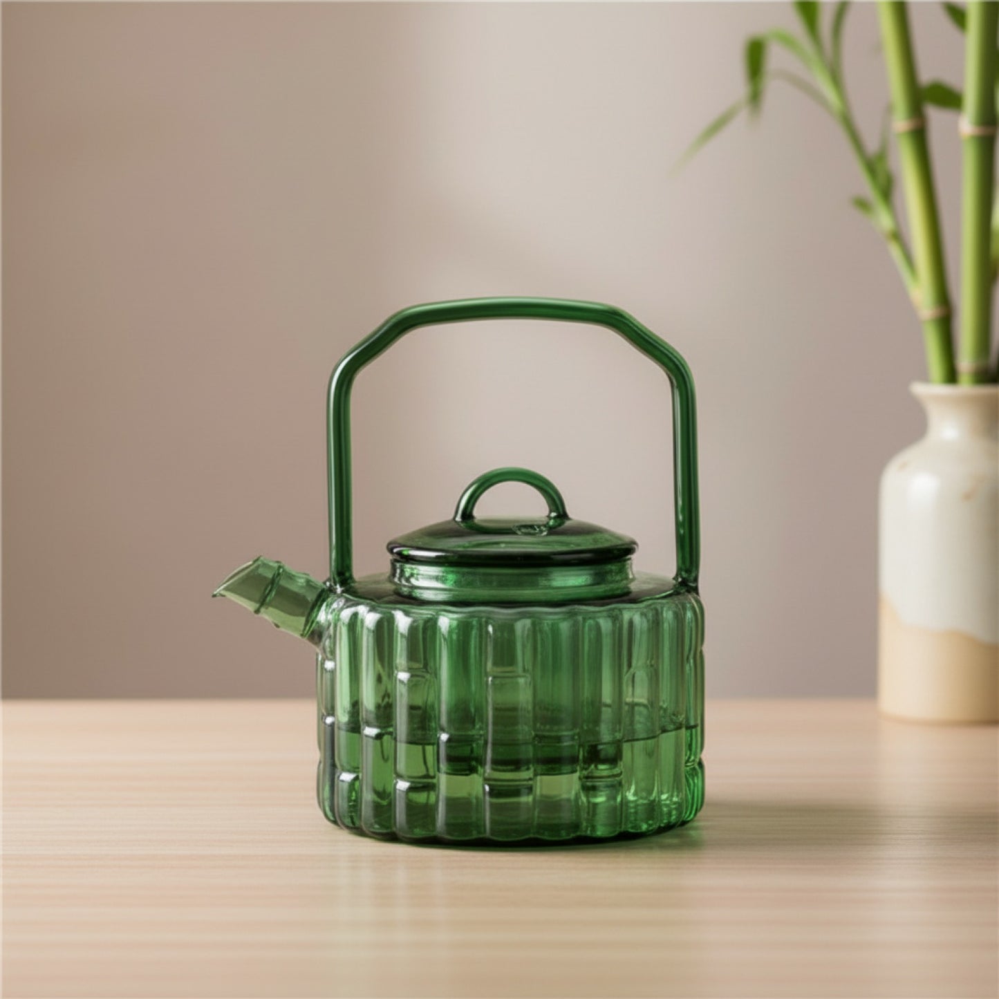Théière en Verre Bambou Vert 300ml avec Filtre - Infuseur à Tisane et Service Kung Fu