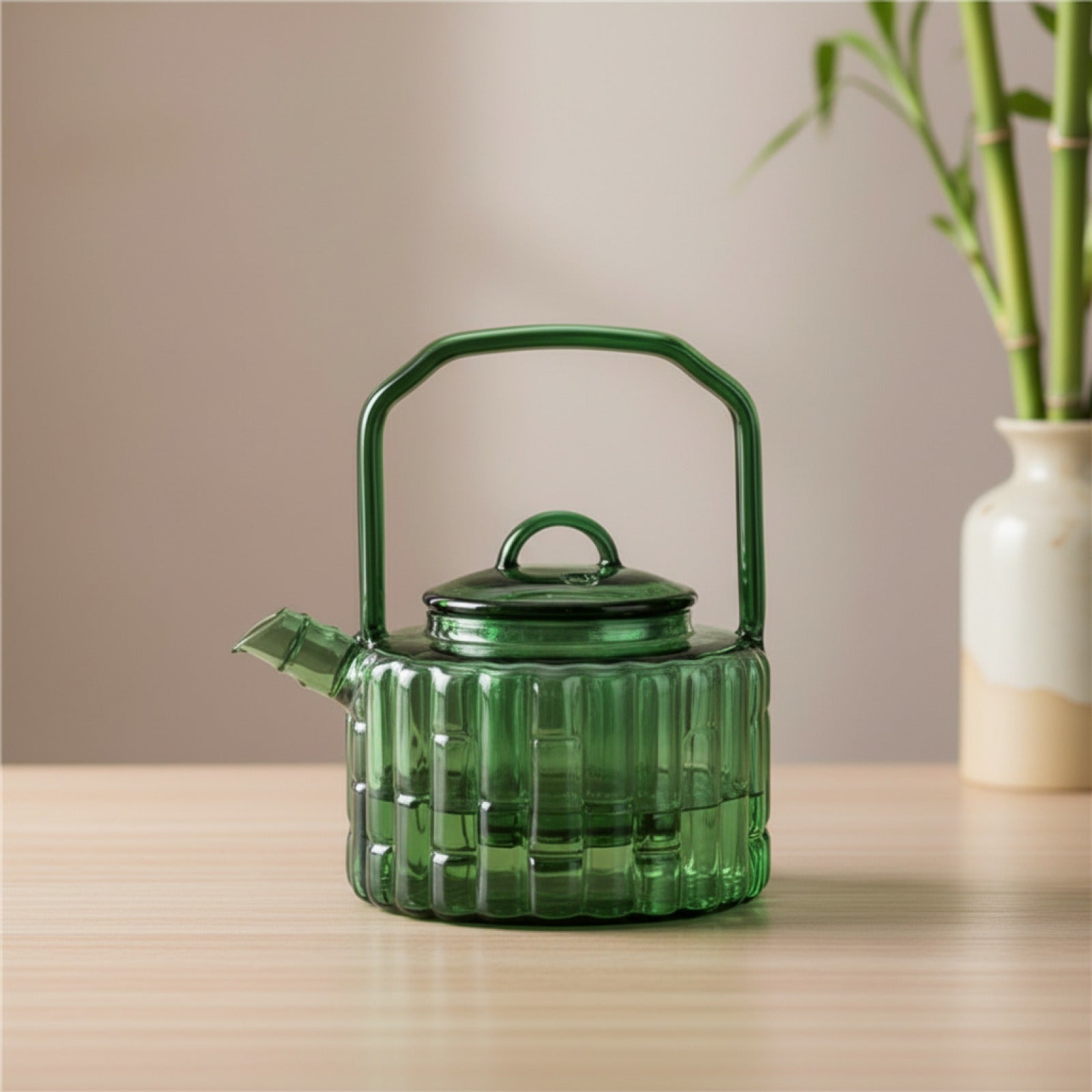 Théière en Verre Bambou Vert 300ml avec Filtre - Infuseur à Tisane et Service Kung Fu