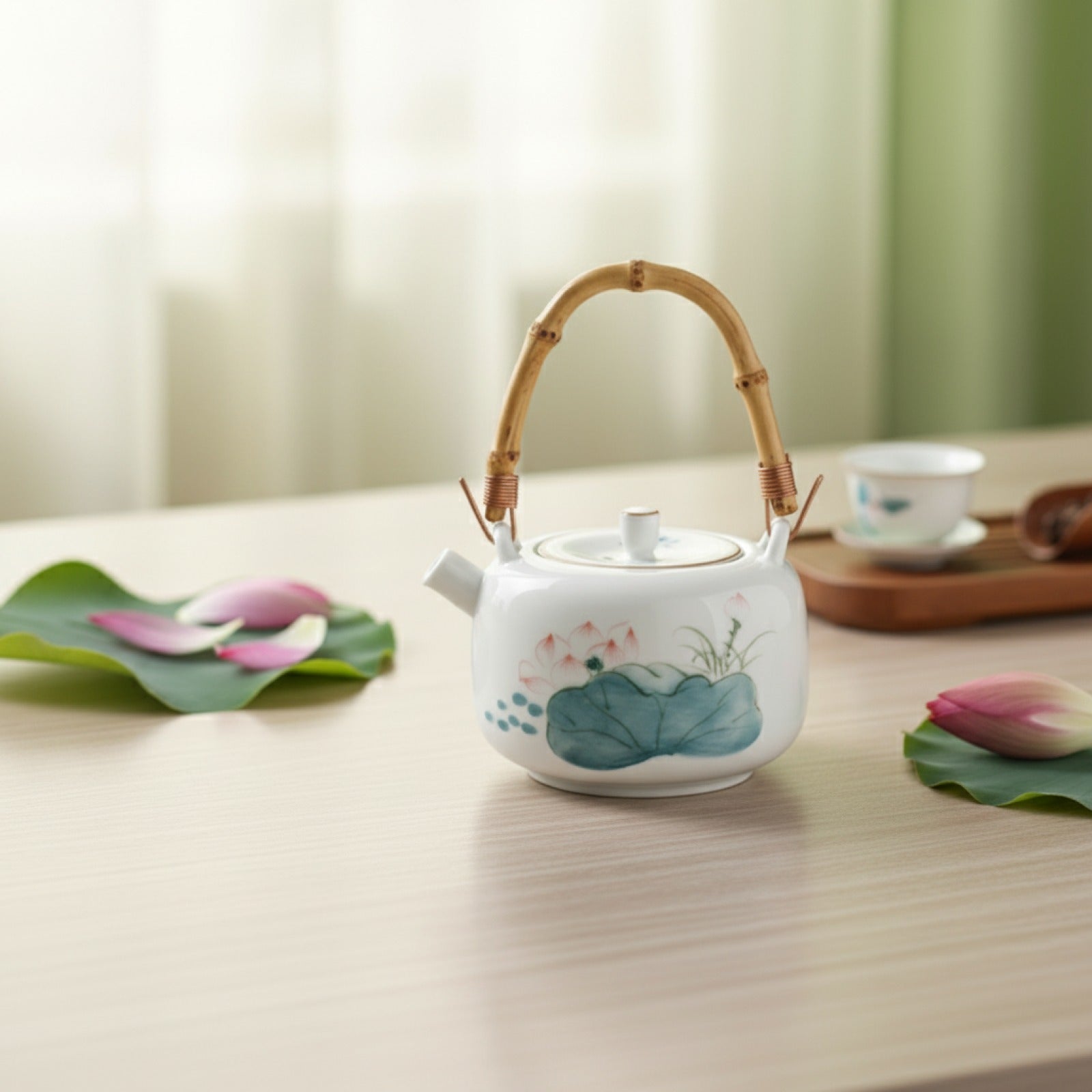 Théière Vintage en Céramique Lotus Peinte à la Main avec Poignée Bambou - Idéale pour le Thé Gongfu