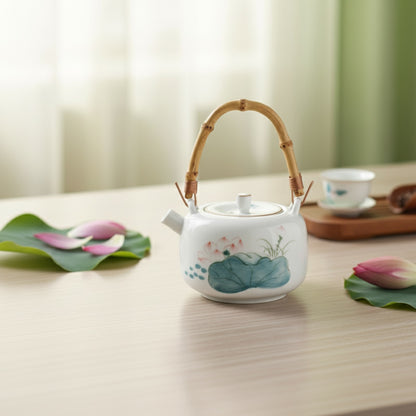 Théière Vintage en Céramique Lotus Peinte à la Main avec Poignée Bambou - Idéale pour le Thé Gongfu