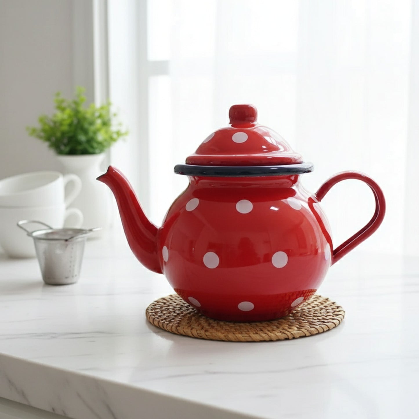 Théière Émaillée Rouge à Pois Classique - 700ml avec Passoire Intégrée