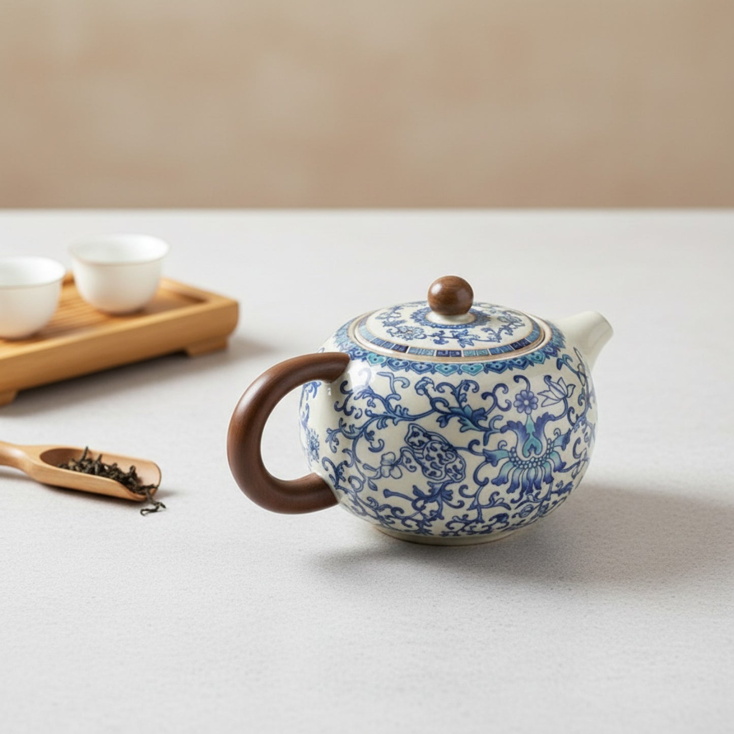 Théière en céramique Ru Kiln - Design rétro bleu et blanc fait main