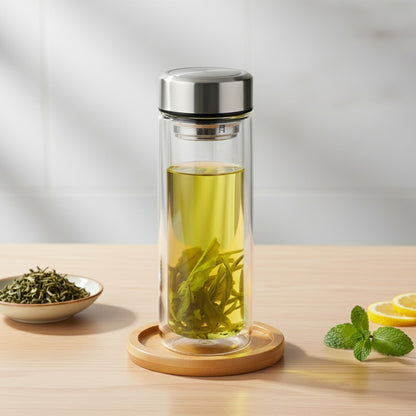 Théière Double Paroi en Verre Borosilicate Haute Température - 350ml avec Filtre Inox