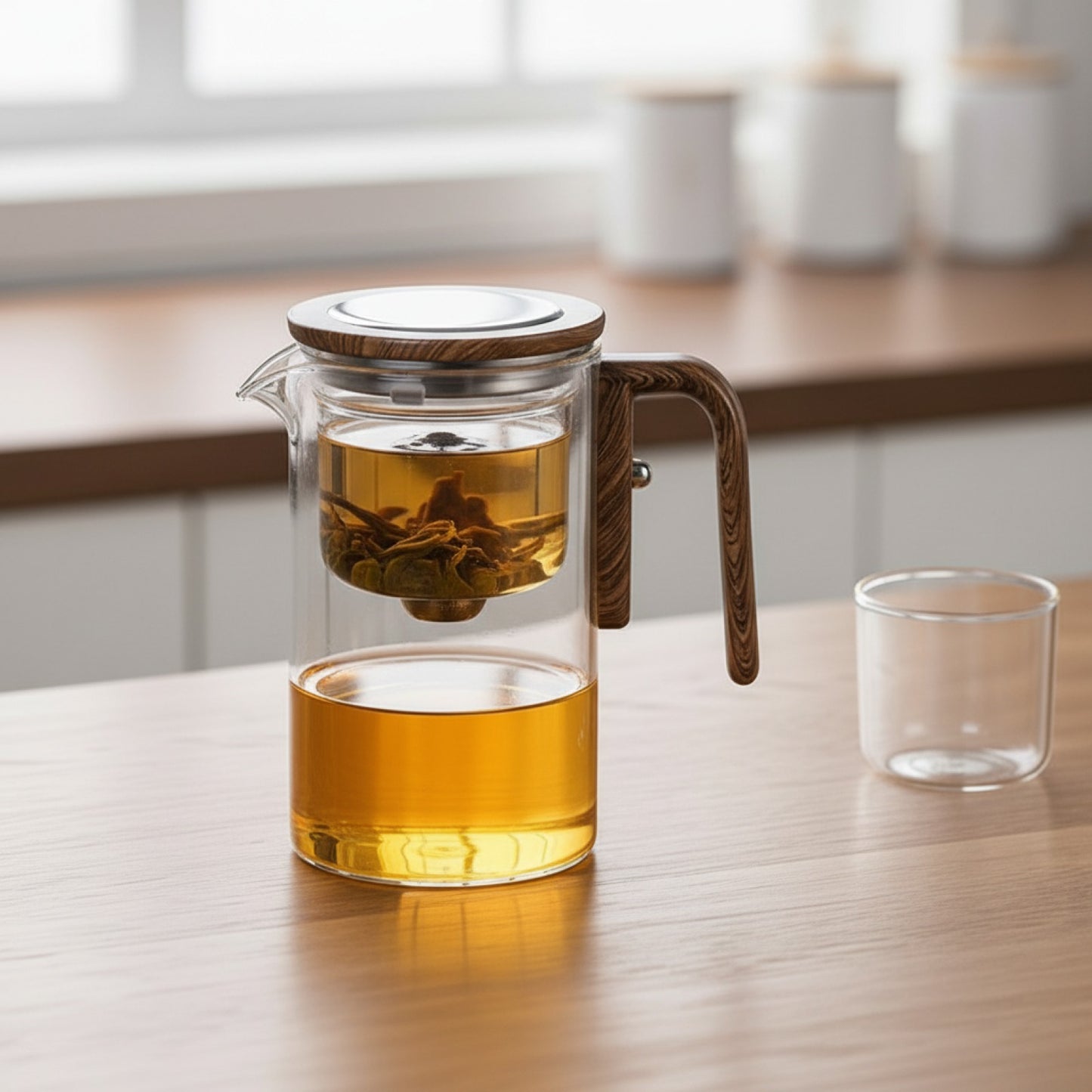 Théière en Verre avec Séparateur Magnétique et Manche en Bois - Infusion Facile