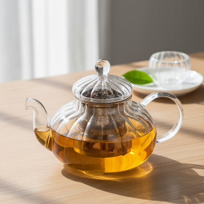 Théière en Verre Rayée 600ml avec Filtre - Idéale pour Thé en Vrac et Infusions