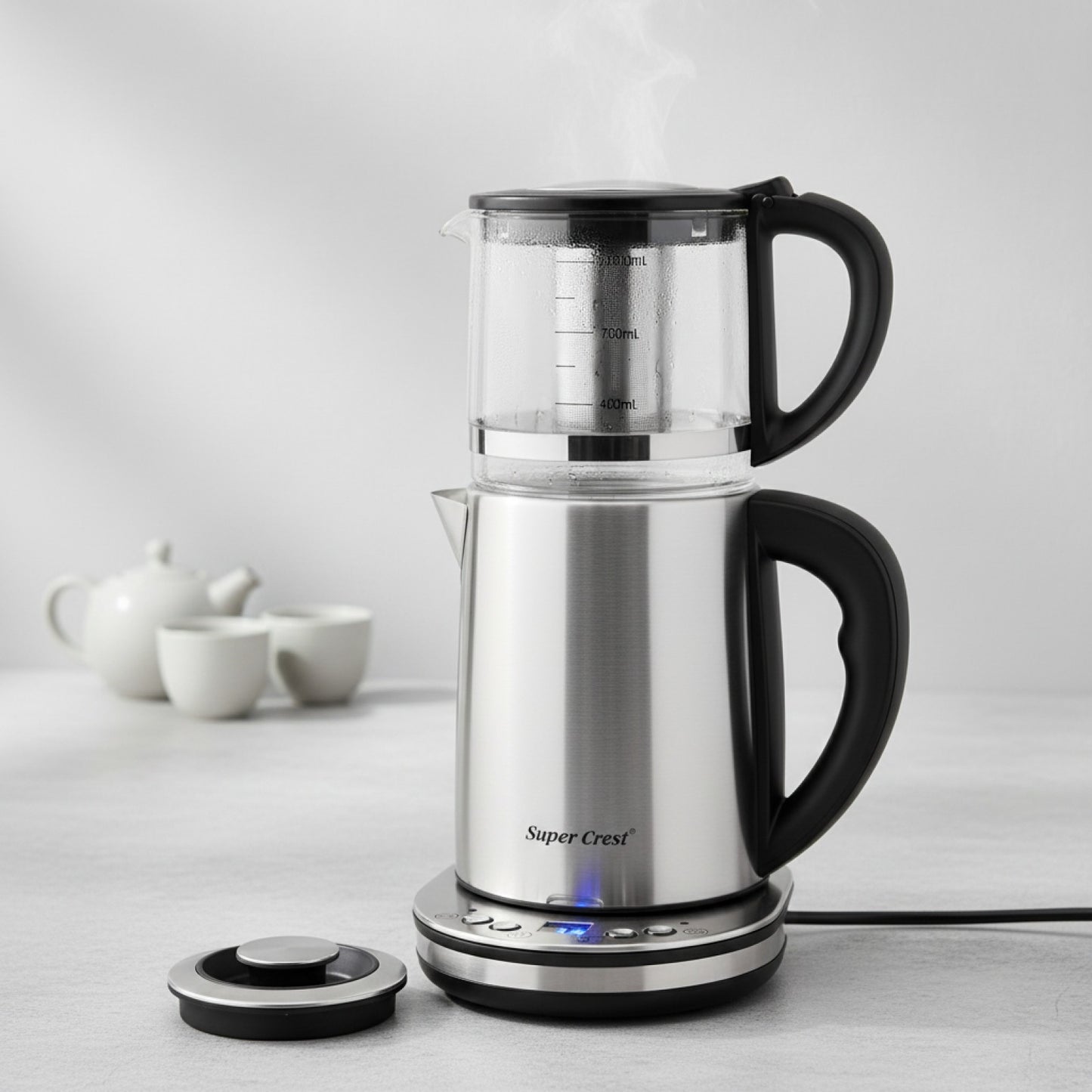 Double Bouilloire Électrique 1500W 2.5L + 1L en Verre avec Écran LCD - Maintien au Chaud & Arrêt Auto
