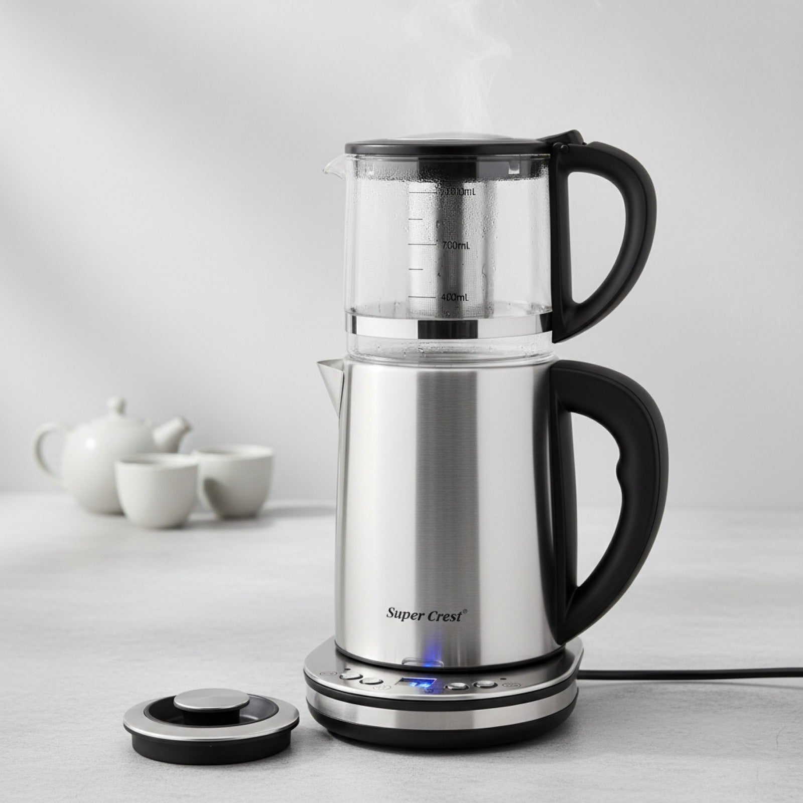 Double Bouilloire Électrique 1500W 2.5L + 1L en Verre avec Écran LCD - Maintien au Chaud & Arrêt Auto