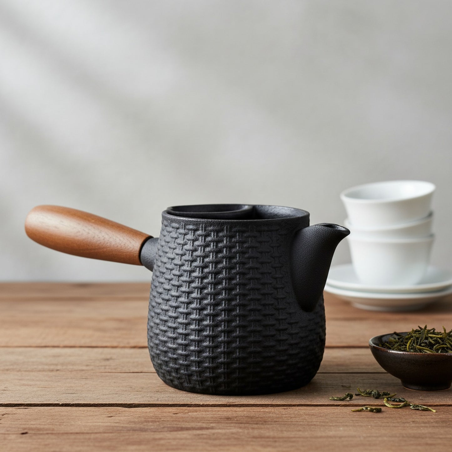 Théière Japonaise en Fonte 550ml avec Poignée Latérale et Manche en Bois