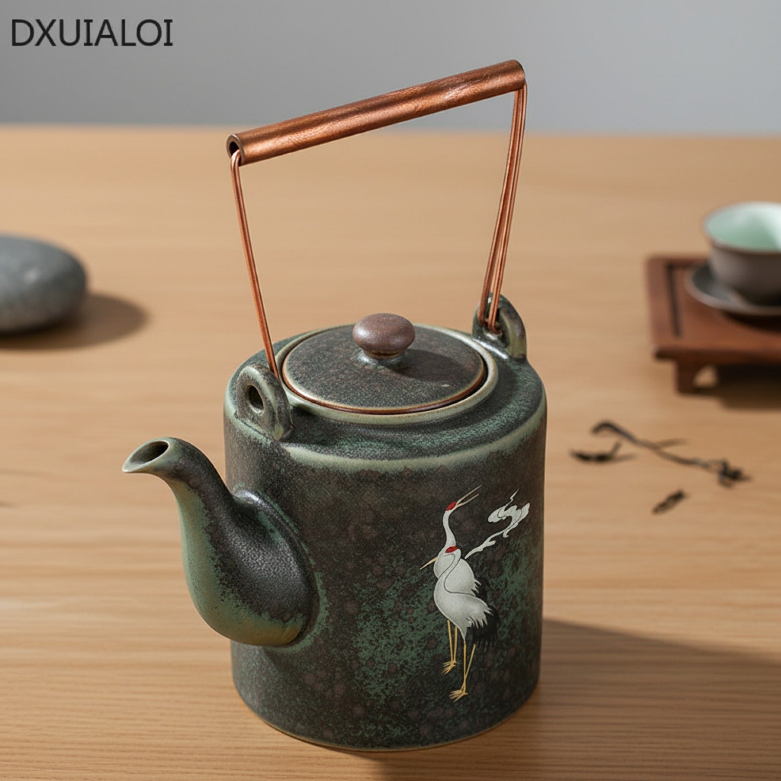 Théière Rétro en Céramique Chengxiang - Design Grue & Poignée Cuivre pour Thé Kung Fu