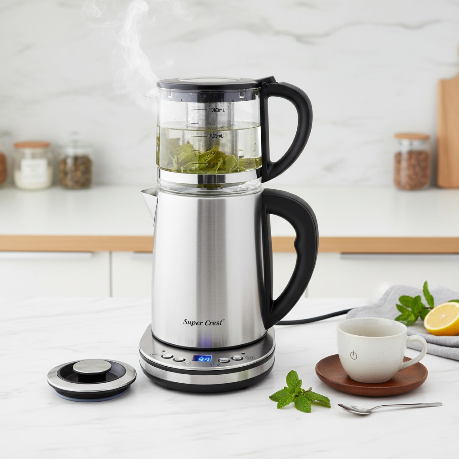 Double Bouilloire Électrique 1500W 2.5L + 1L en Verre avec Écran LCD - Maintien au Chaud & Arrêt Auto