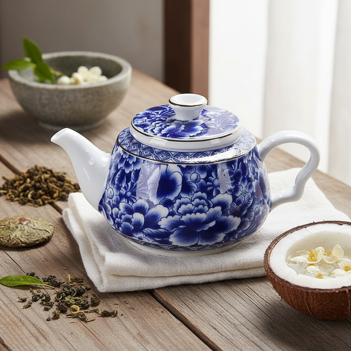 Théière en Porcelaine Bleue et Blanche Jingdezhen - Service à Thé Kung Fu Chinois