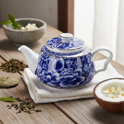 Théière en Porcelaine Bleue et Blanche Jingdezhen - Service à Thé Kung Fu Chinois