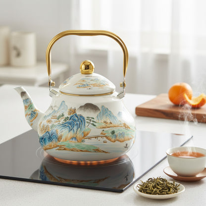Bouilloire Émaillée Rétro Coréenne - Théière Design Paysage pour Cuisinière à Induction & Gaz