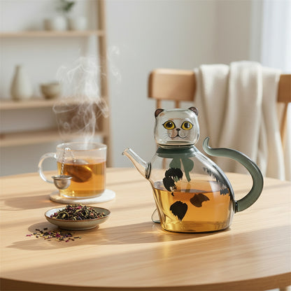 Théière Chat Porte-Bonheur en Verre : Design Mignon pour Infusions Délicieuses