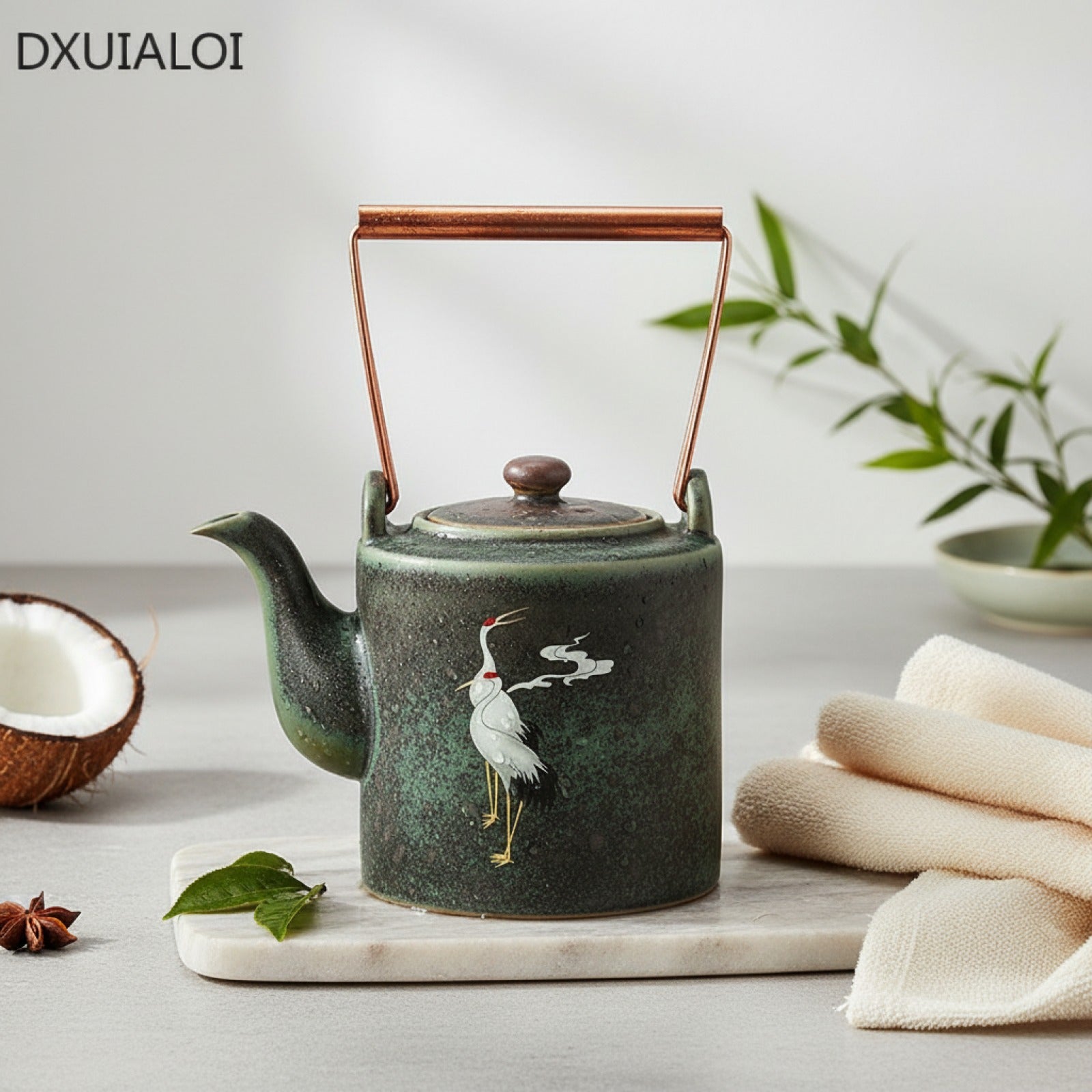 Théière Rétro en Céramique Chengxiang - Design Grue & Poignée Cuivre pour Thé Kung Fu
