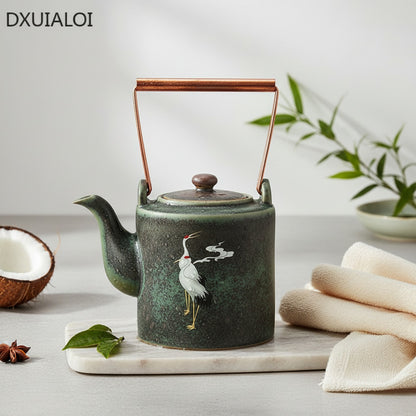 Théière Rétro en Céramique Chengxiang - Design Grue & Poignée Cuivre pour Thé Kung Fu