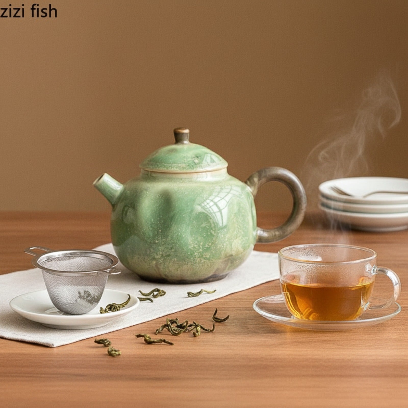 Théière en Céramique Verte avec Infuseur - Design Élégant pour vos Pauses Thé