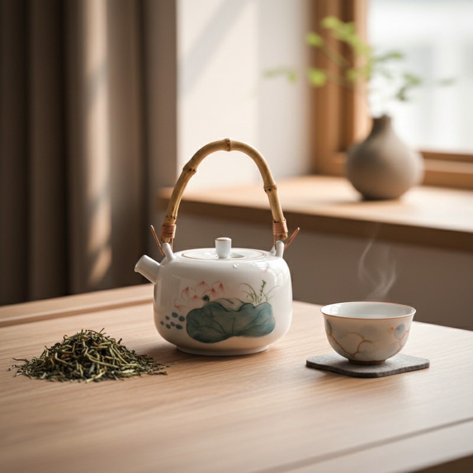 Théière Vintage en Céramique Lotus Peinte à la Main avec Poignée Bambou - Idéale pour le Thé Gongfu