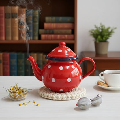 Théière Émaillée Rouge à Pois Classique - 700ml avec Passoire Intégrée