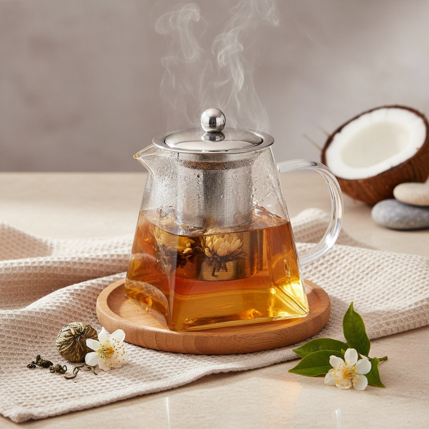 FOME Bouilloire à Thé en Verre Borosilicate avec Infuseur Amovible