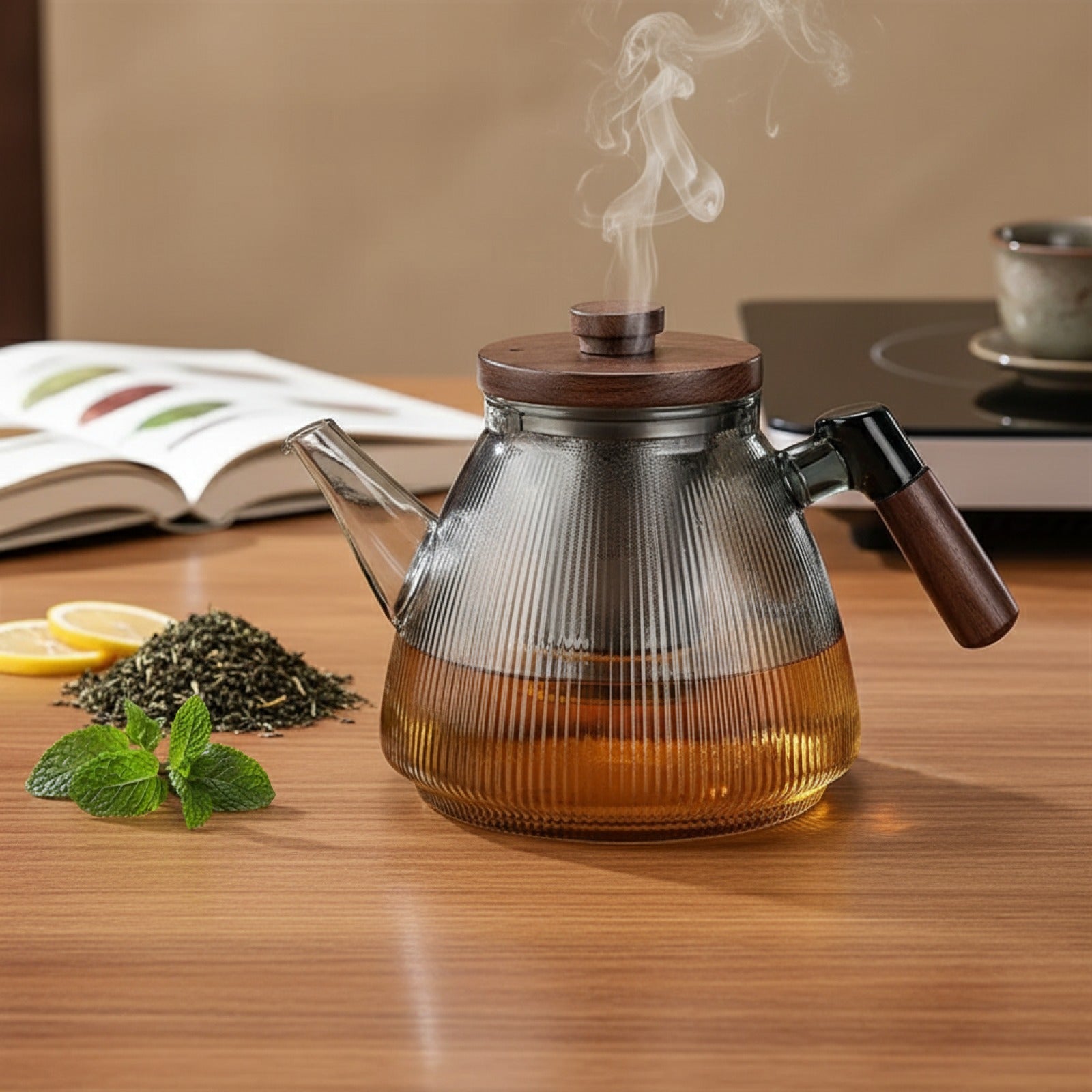 Théière en Verre Borosilicate Rayée avec Poignée en Noyer - Usage Double : Infusion & Cuisson