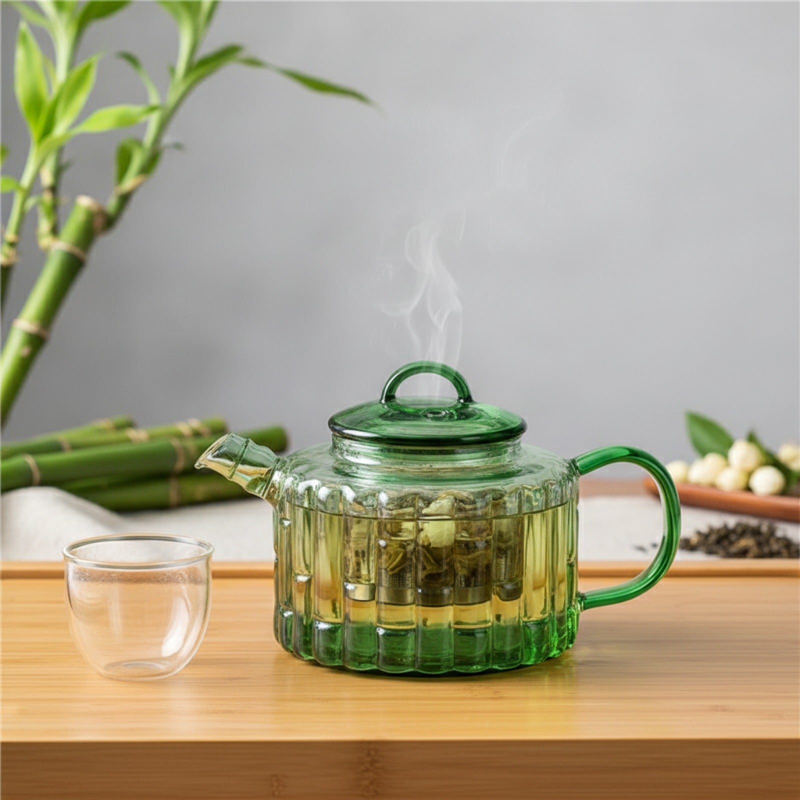 Théière en Verre Bambou Vert 300ml avec Filtre - Infuseur à Tisane et Service Kung Fu