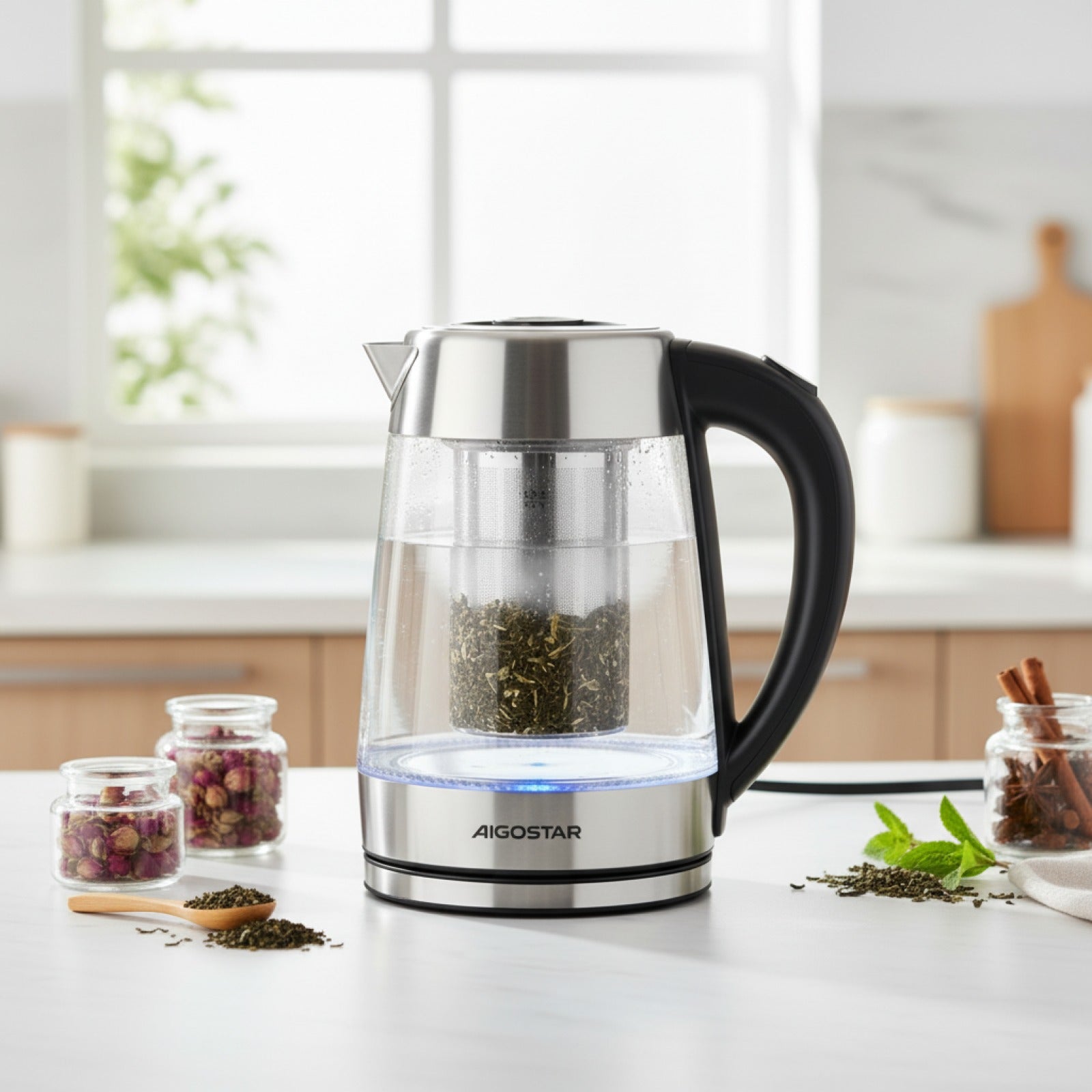 Bouilloire Électrique Aigostar 1.7L Verre Borosilicate avec Infuseur et 5 Températures