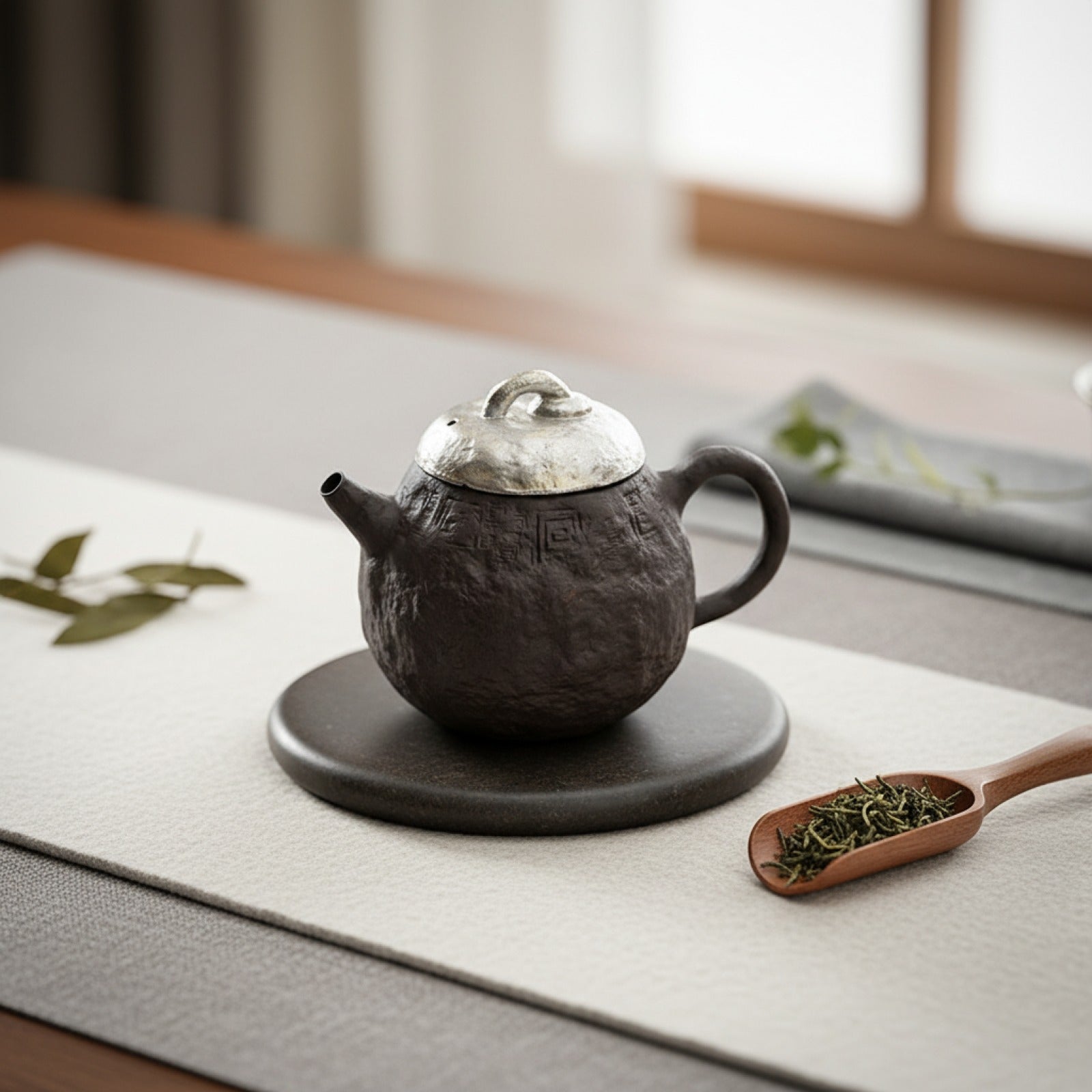 Théière Japonaise Argentée & Dorée - Poterie Grossière & Infuseur à Thé