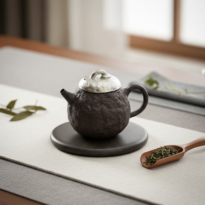 Théière Japonaise Argentée & Dorée - Poterie Grossière & Infuseur à Thé