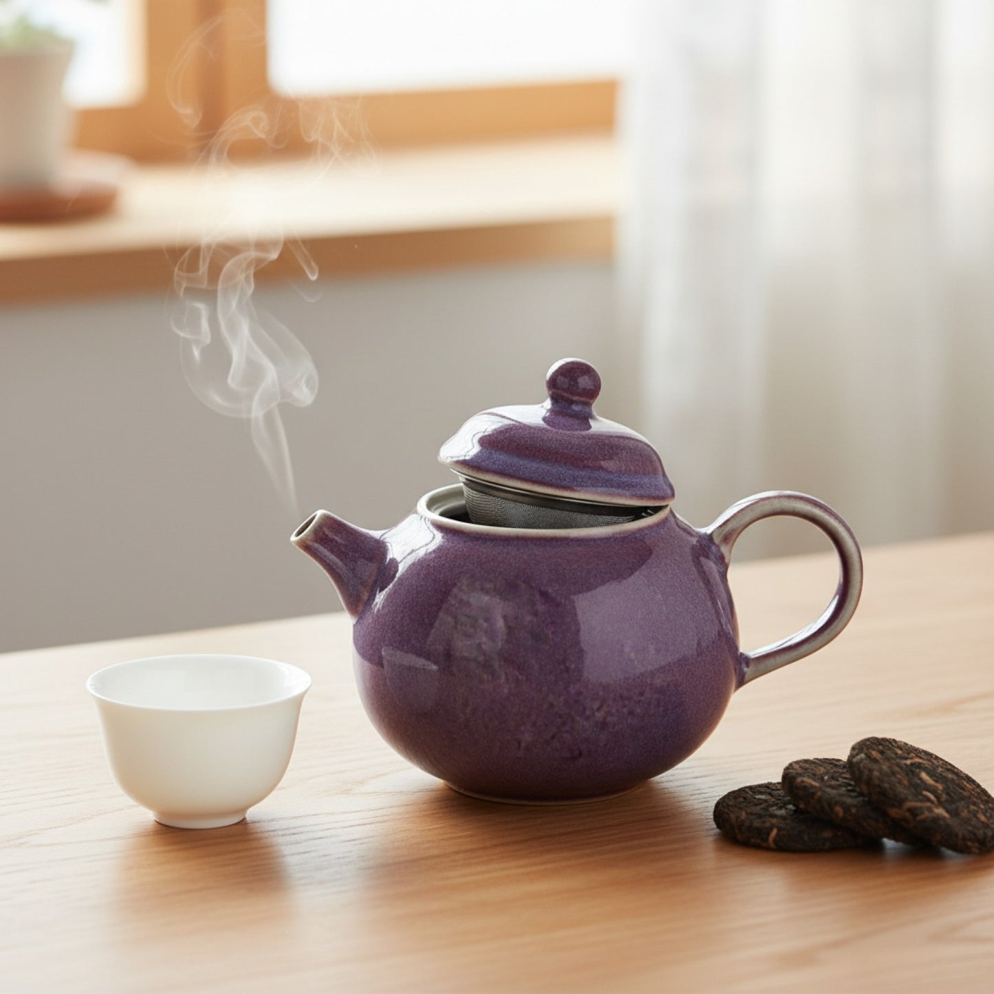 Théière artisanale violette Ru avec infuseur et passoire - Idéale pour thé Puer