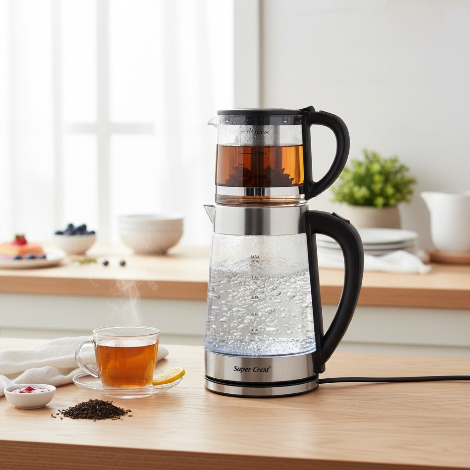Bouilloire Électrique Verre 1800W avec 2 Pots - Ébullition Rapide & Sécurité