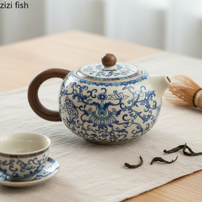 Théière en céramique Ru Kiln - Design rétro bleu et blanc fait main