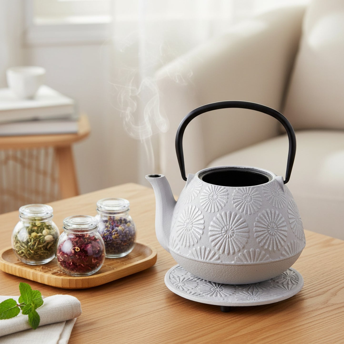 Bouilloire KADAX en Fonte Blanche avec Infuseur - Design Champignons