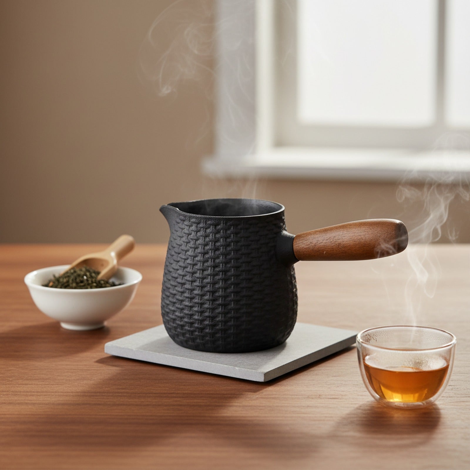 Théière Japonaise en Fonte 550ml avec Poignée Latérale et Manche en Bois