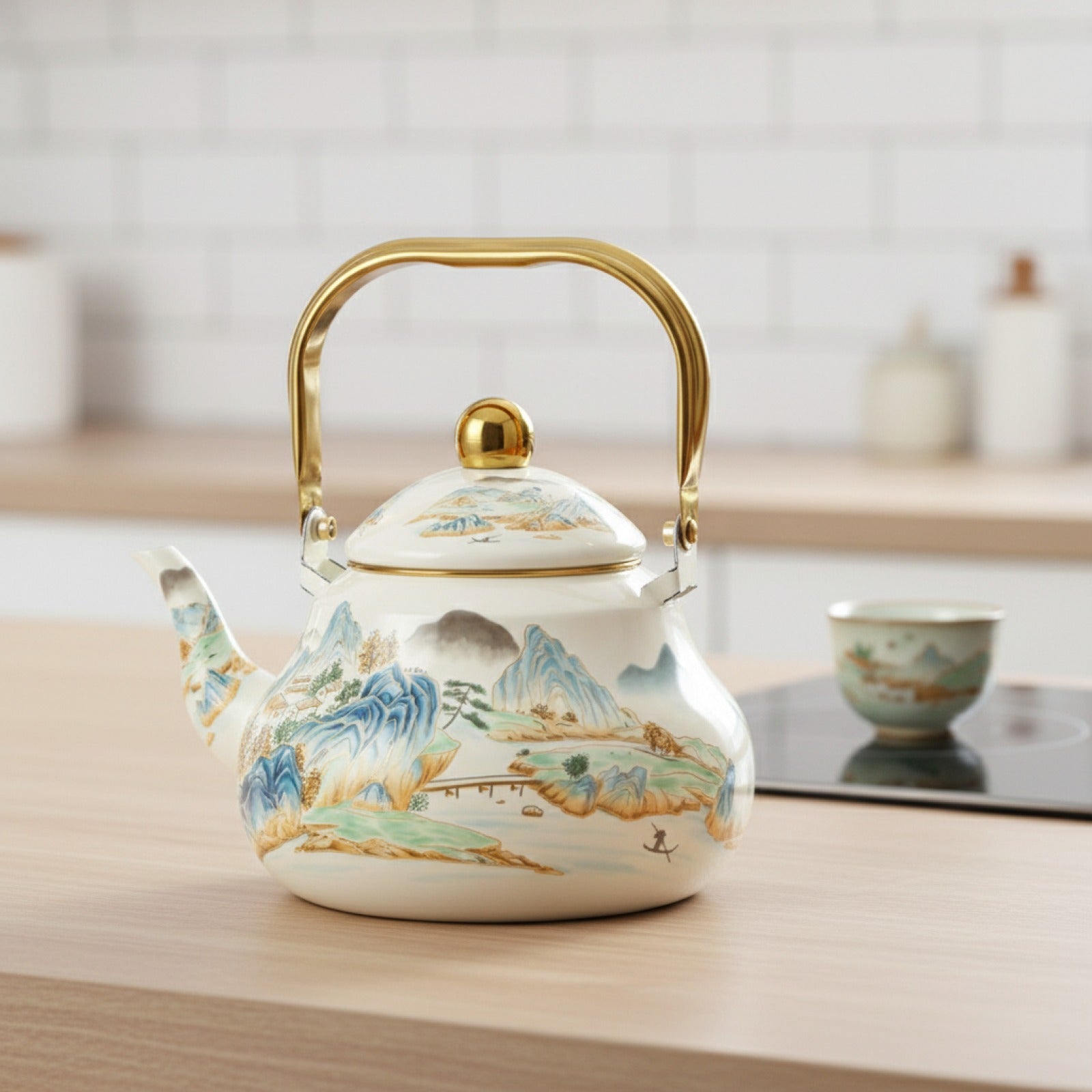 Bouilloire Émaillée Rétro Coréenne - Théière Design Paysage pour Cuisinière à Induction & Gaz