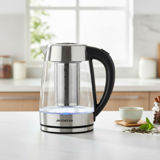 Bouilloire Électrique Aigostar 1.7L Verre Borosilicate avec Infuseur et 5 Températures