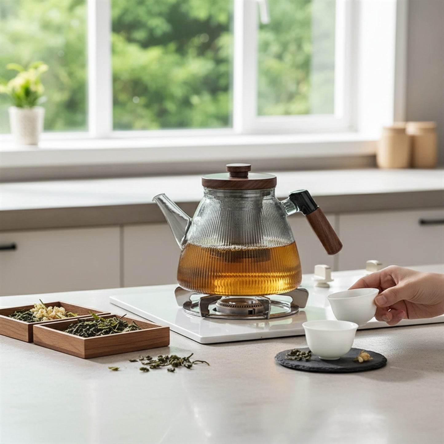 Théière en Verre Borosilicate Rayée avec Poignée en Noyer - Usage Double : Infusion & Cuisson