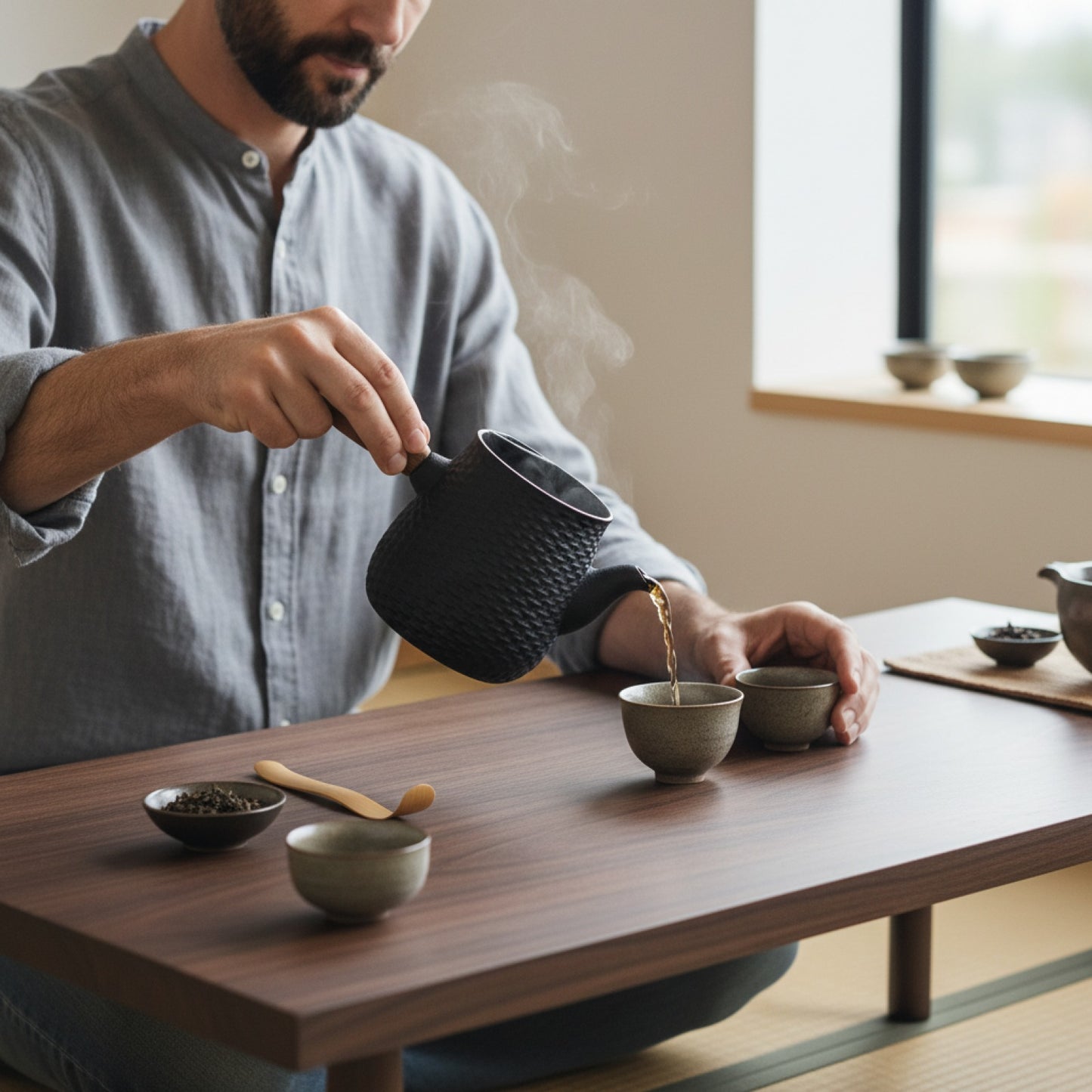 Théière Japonaise en Fonte 550ml avec Poignée Latérale et Manche en Bois