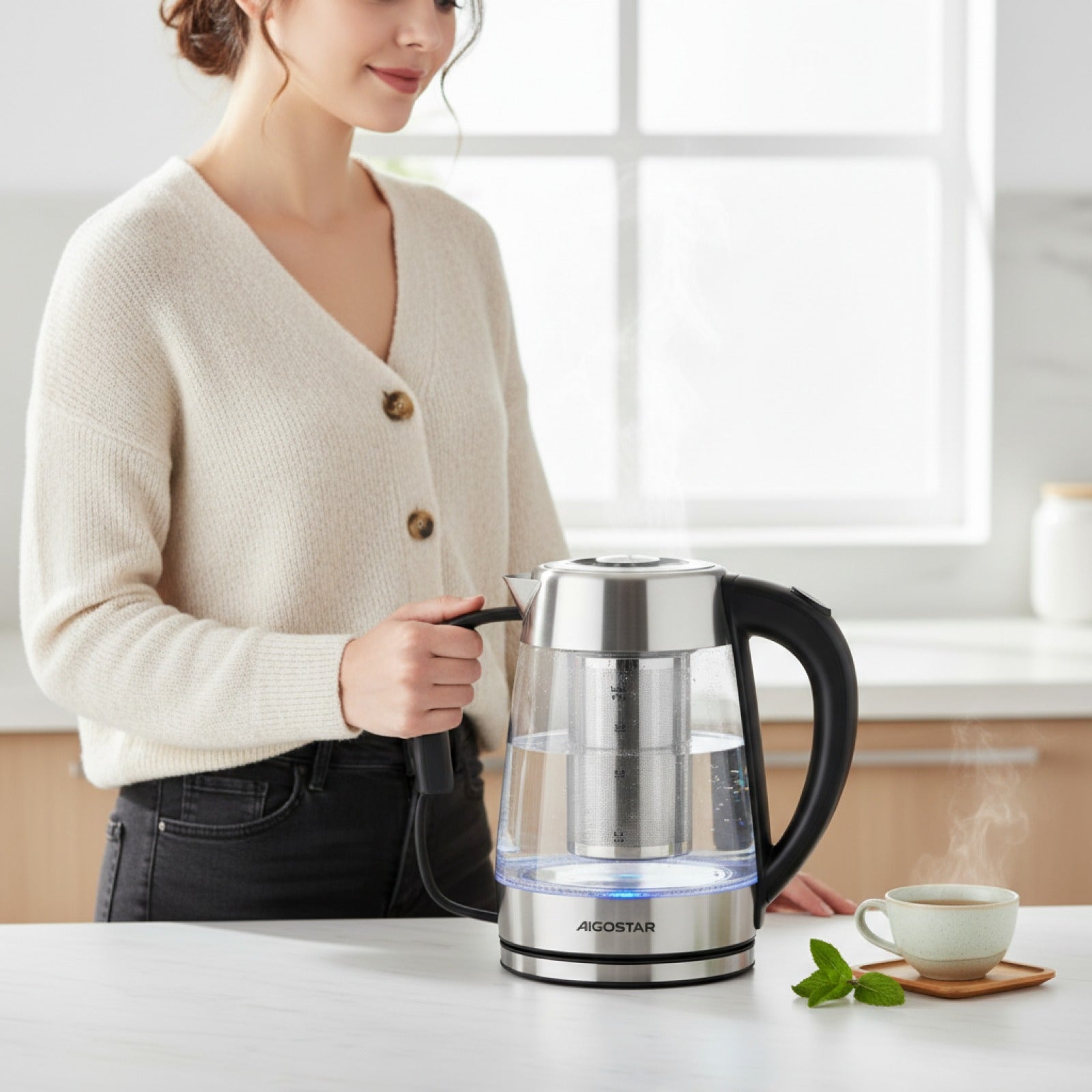 Bouilloire Électrique Aigostar 1.7L Verre Borosilicate avec Infuseur et 5 Températures