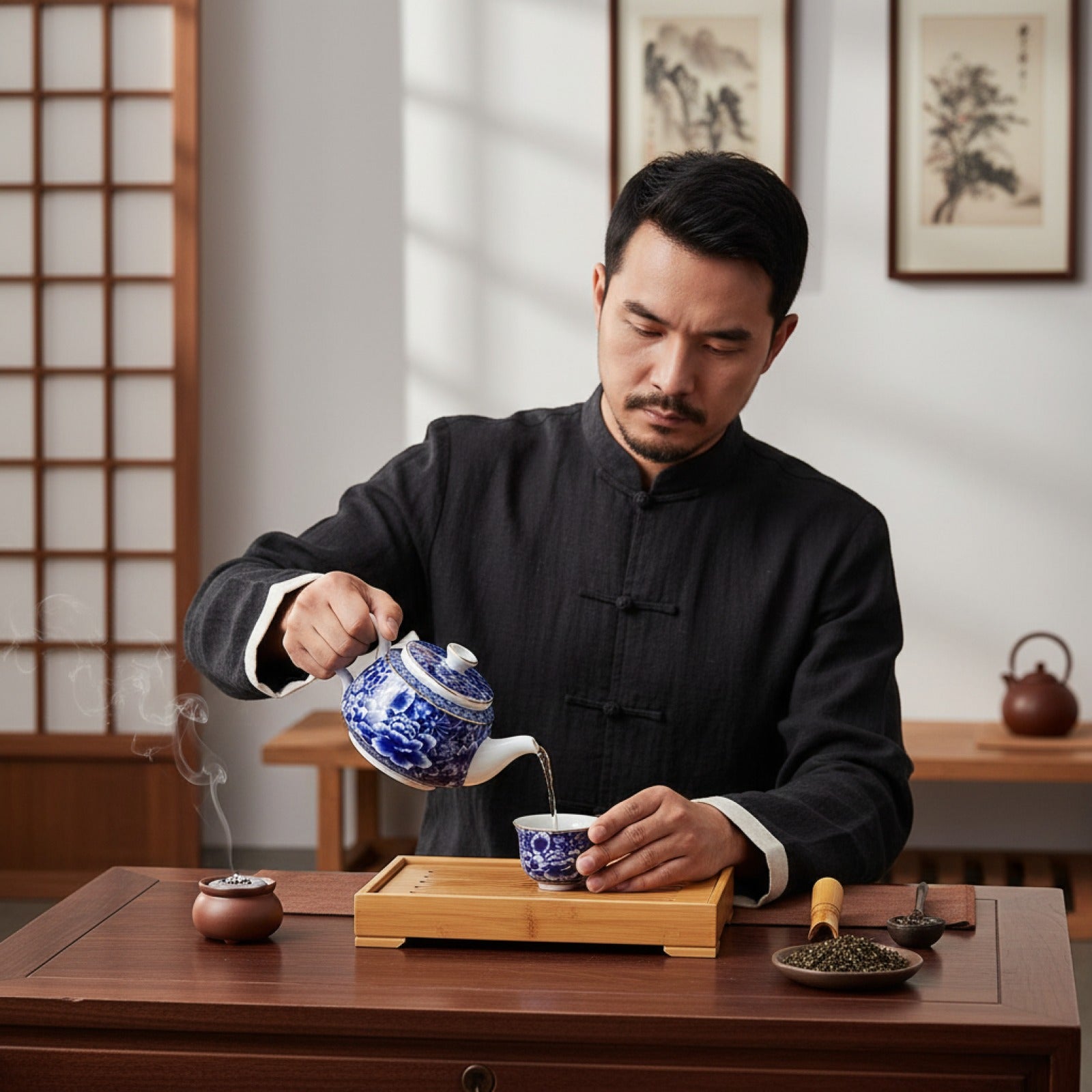 Théière en Porcelaine Bleue et Blanche Jingdezhen - Service à Thé Kung Fu Chinois