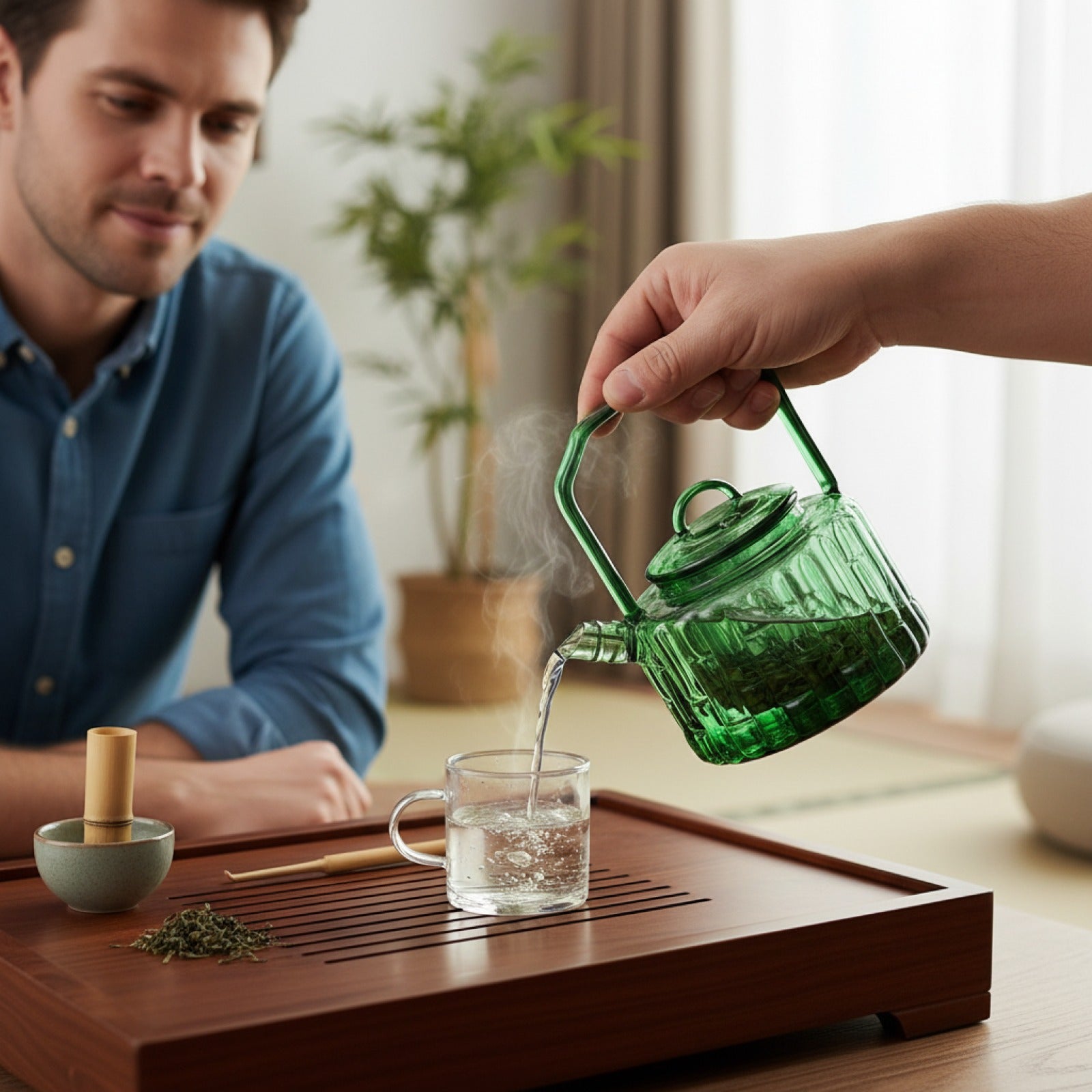 Théière en Verre Bambou Vert 300ml avec Filtre - Infuseur à Tisane et Service Kung Fu